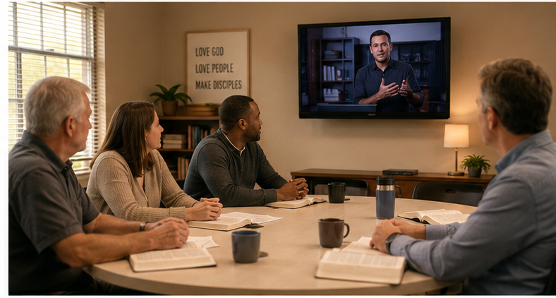 Adults in a church classroom studying together around a table with a teaching video on screen