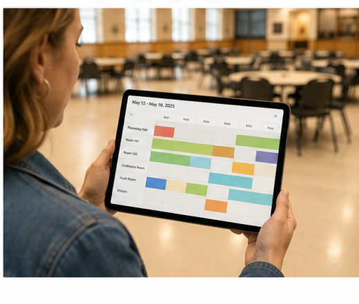 Church volunteer looking at a tablet showing a calendar with color coded room bookings