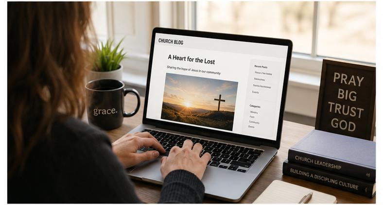 Person typing a blog post on a laptop at a church office desk