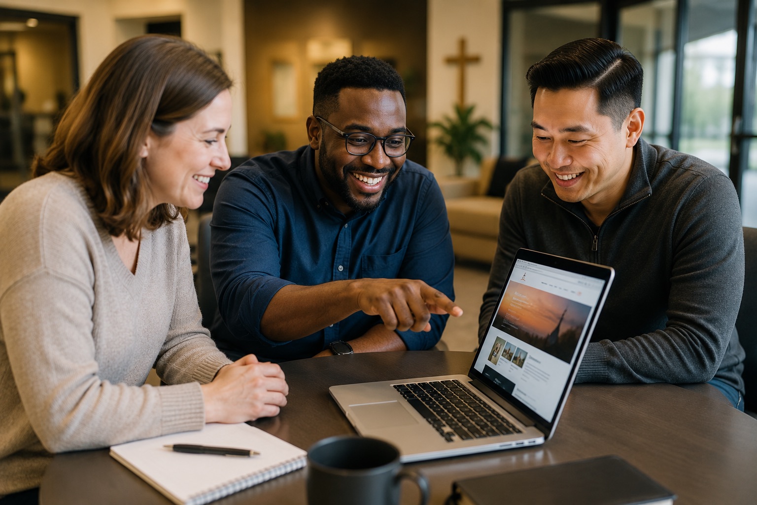 Church leadership team reviewing website evaluation results together